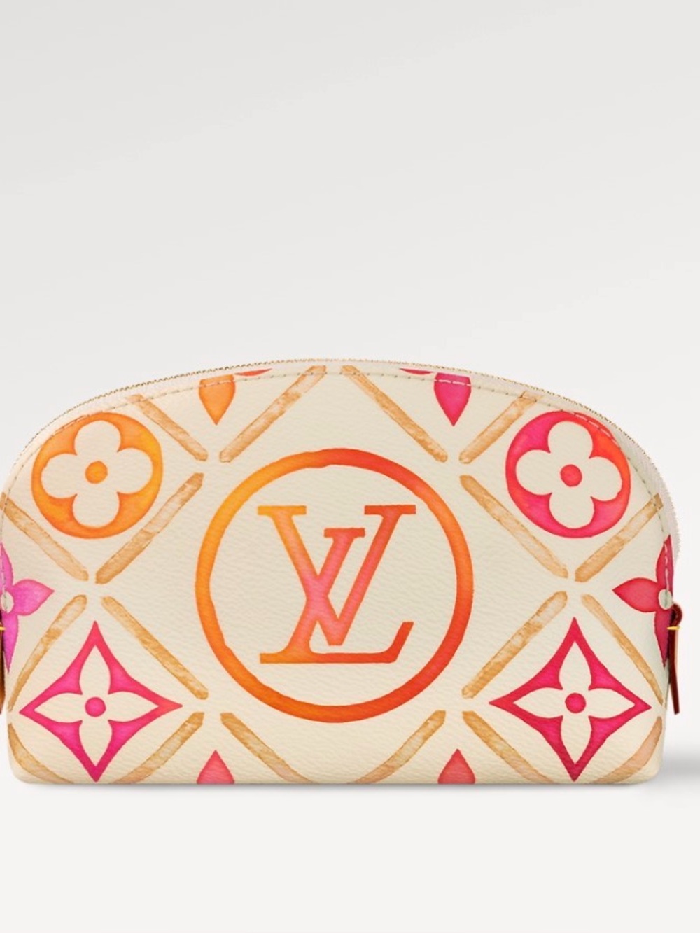 Louis Vuitton Cream Cosmetic Pouch with Pink & Orange Monogram.